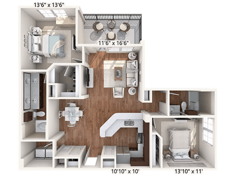 Floor plan for 2 beds, 2 baths, 1137 sqft